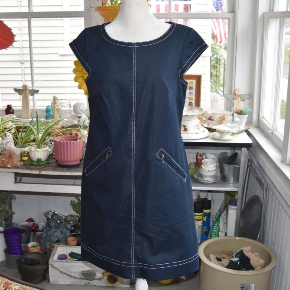 Y2K R&K Originals Stretch Denim Shift Dress Navy Zip Pockets Size 8